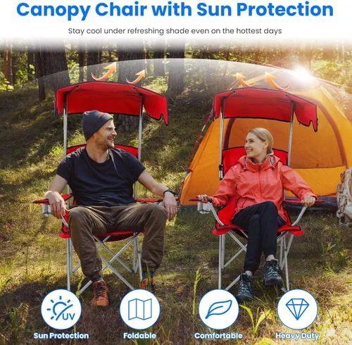 Miniatura 5 de Silla de camping con dosel, silla plegable al aire libre con pantalla ajustable y soporte para tazas, silla de playa resistente para adultos, Rojo