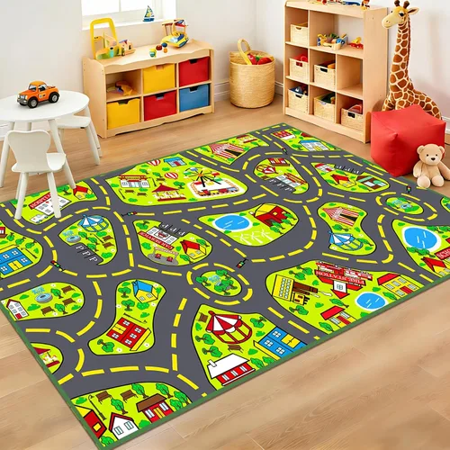 Miniatura 7 de Alfombra de juego para niños (2.6 x 5 pies), 2 unidades, alfombra de carretera para niños, alfombra de mapa de ruta de la ciudad, alfombra