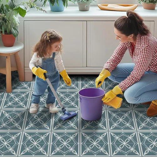 Miniatura 6 de HOMETITUTE 10 piezas 12x12 pulgadas Azul floral nórdico patrón de silueta azulejos de piso de despegar y pegar removibles autoadhesivos adhesivo