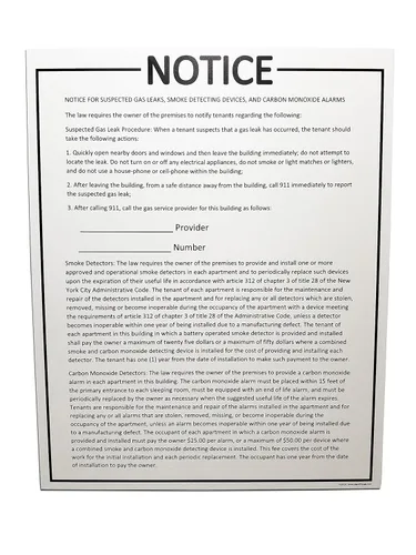 NYC artículo 312 – "Aviso para Sospecha de fugas de gas, detección de dispositivos, de humo y monóxido de carbono Alarma – 16" x 20" PVC Sign