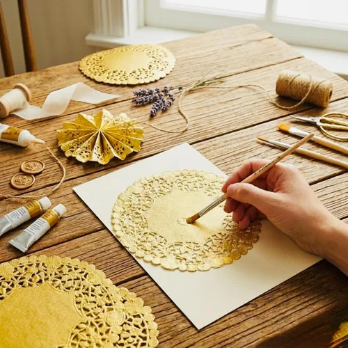 Miniatura 8 de Hojas decorativas de encaje de papel metálico de 8 pulgadas, elegantes, resistentes y desechables, ideales para presentación de alimentos y uso