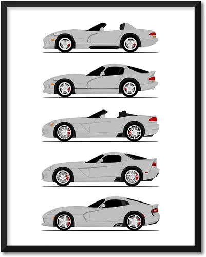Miniatura 17 de Custom Car Posters Póster hecho a mano compatible con Dodge Viper Generations e impresión de Viper R/T GTS SRT10, color rojo con rayas blancas, 3.
