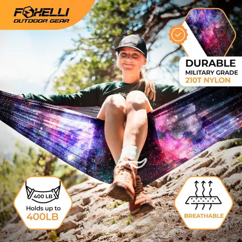 Miniatura 3 de Foxelli Hamaca de camping – Hamaca portátil de nailon de paracaídas ligera con cuerdas de árbol y mosquetones, perfecta para exteriores, mochileros