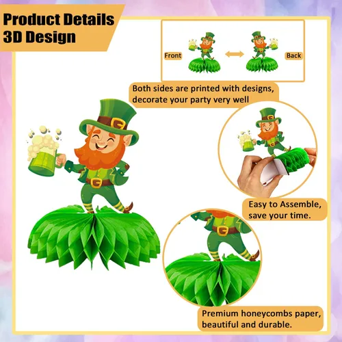 Miniatura 4 de 9 piezas de decoraciones de panal del día de San Patricio, centros de mesa de temática irlandesa surtidos con duendes, ollas de oro, tréboles