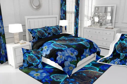 Miniatura 4 de Juego de funda de edredón de tortuga marina verde azulado brillante, flores azules, océano, juego de ropa de cama Queen para niños y niños, funda