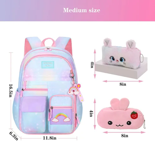 Miniatura 2 de Jcobvig Mochila de arcoíris para niñas y niños, linda mochila escolar para estudiantes con bolsa para bolígrafos, bolsa de viaje para portátil