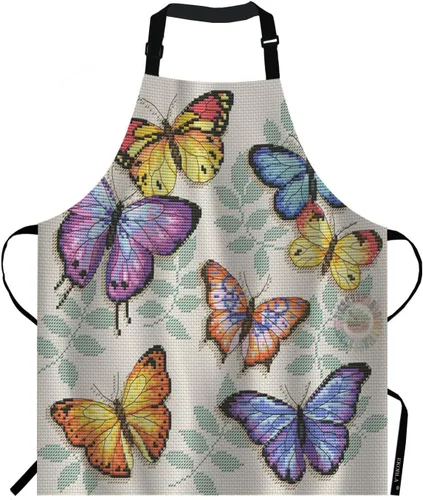 EKOBLA Delantales de mariposa bordados de hojas coloridas, animales, linda, naturaleza, hermoso, impermeable, resistente, chef, cocina, barbacoa,