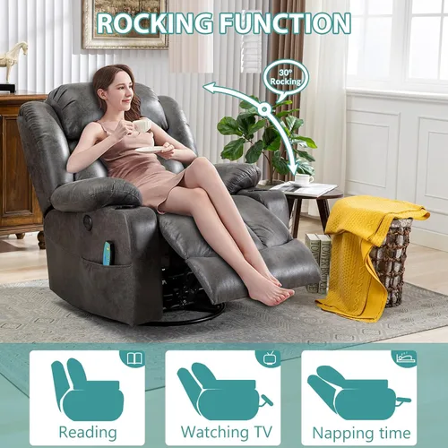 Miniatura 7 de MEETWARM Massage Swivel Rocker Recliner with Heat and Vibration, Manual Glider Rocking Recliner Chair, 360°Swivel Lounge Reclining Chair with Cup