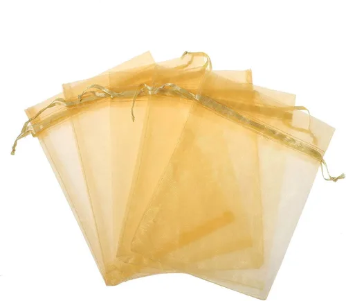 100 bolsas de regalo de 5 x 7 pulgadas, color dorado, tela transparente de organza a granel, bolsa reciclada reutilizable con cordón para regalos de