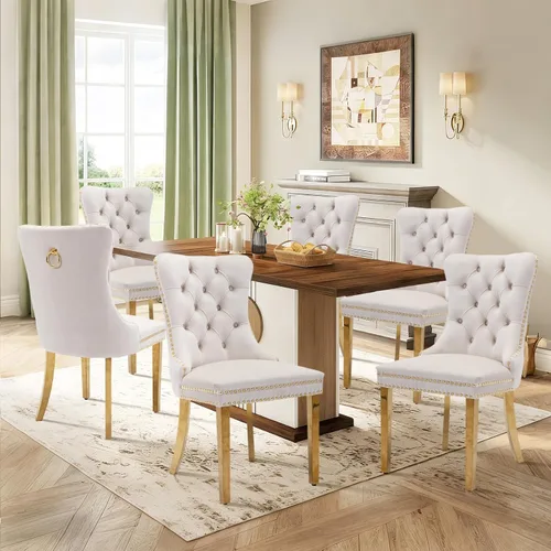 Miniatura 67 de Juego de 2 sillas de comedor de terciopelo tapizadas con ribete de cabeza de clavo y patas doradas chapadas en acero inoxidable para cocina
