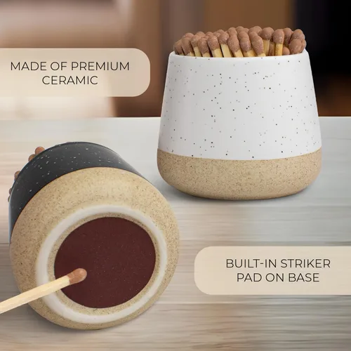 Miniatura 3 de Soporte Decorativo de Fósforos de Cerámica con Bandeja de Madera - Juego de 2 Hermosos Soportes Mates con Encendido Son una Mejora para Cualquier