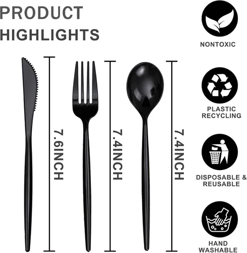 Miniatura 2 de Rubtlamp 90 cubiertos negros de plástico, cubiertos desechables de graduación, utensilios resistentes incluyen 30 cuchillos desechables, 60