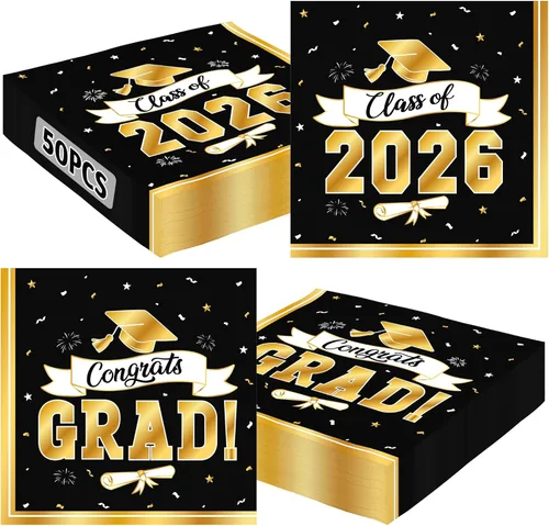 Paquete de 50 servilletas de graduación color oro negro, decoraciones de graduación de 6.5 x 6.5 pulgadas, patrones de cinta desechables,