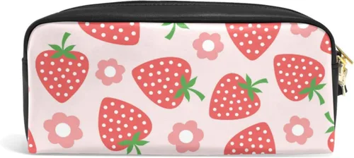 Miniatura 2 de Estuche portátil de gran capacidad con diseño floral de frutas de fresa, bolsa de maquillaje de piel sintética, organizador de maquillaje con asa