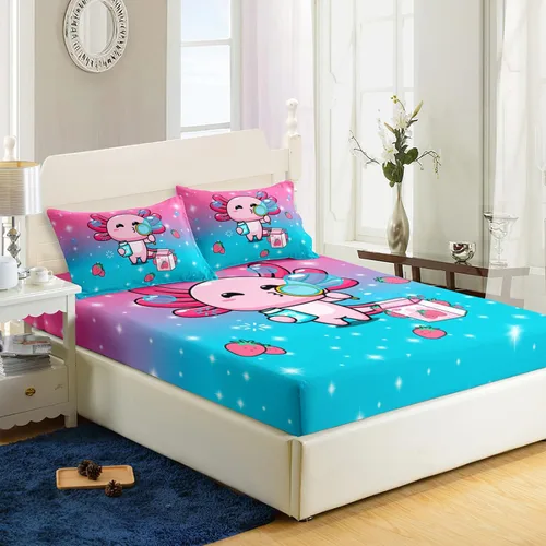 Miniatura 3 de AILONEN Axolotl - Juego de sábanas bajeras para niños, tamaño individual XL, color rosa y azul degradado kawaii, lindas sábanas de fresa salamandra