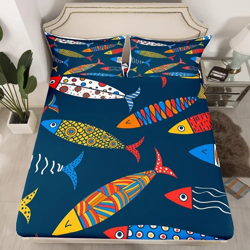 Juego de sábanas de animales marinos tamaño individual, sábana bajera ajustable con diseño de peces azteca, colores tribales, vida oceánica