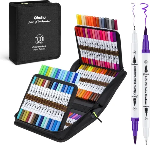 Ohuhu Marcadores para colorear para adultos, sin sangrado, 100 colores a base de agua, doble punta fina y marcadores para colorear con pincel para