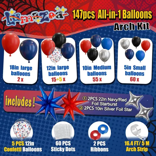 Miniatura 2 de Kit de arco de globos de araña de 147 piezas con globos de estrella, azul marino, rojo, negro, plateado, superhéroe, guirnalda temática de béisbol