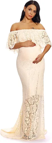 Miniatura 2 de ZIUMUDY Vestido de maternidad de encaje con volantes y hombros descubiertos para mujer, maxi vestido de fotografía para baby shower