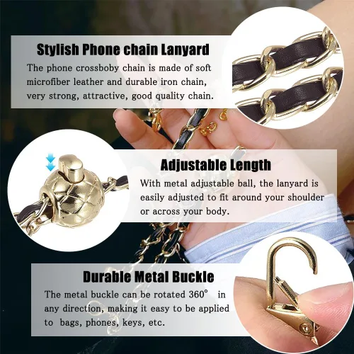 Miniatura 2 de Cadena Cruzada para Teléfono Cordón para Teléfono Celular, Correa Universal de Cuero + Metal para el Hombro con Parches de Sujeción para Teléfono (I)