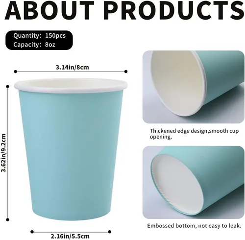 Miniatura 2 de Vasos de papel de 8 onzas, paquete de 150 unidades, tazas de café de papel desechables para bebidas calientes o frías para fiestas, picnic, Azul
