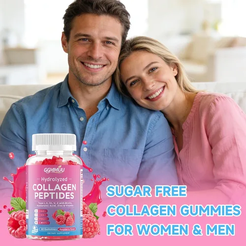 Miniatura 6 de Paquete de 2 gomitas de péptido de colágeno para mujeres y hombres, proteína de colágeno tipo I, II, III, V, X con biotina vitamina C, D, suplemento