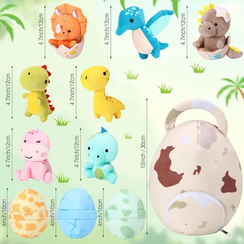 Miniatura 2 de Zhanmai 11 piezas de juguete de dinosaurio de Pascua de peluche pequeño y bolsa de huevos Dino de peluche lindo juguete de dinosaurio de peluche