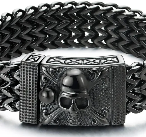 Miniatura 3 de COOLSTEELANDBEYOND Mens Large Stainless Steel Franco Link Curb Chain Bracelet with Pirate Skulls Clasp