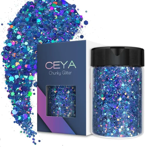 Ceya - Purpurina gruesa holográfica, 140 g / 4.9 oz, color azul, polvo de purpurina para manualidades, mezcla de copos gruesos y finos, iridiscente,