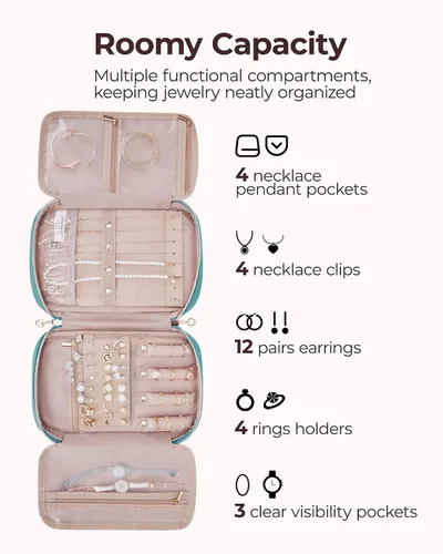Miniatura 32 de BAGSMART - Estuche de joyería de viaje, organizador de joyas para mujeres y niñas, bolsa de almacenamiento con cierre para collares enrollados, Beige