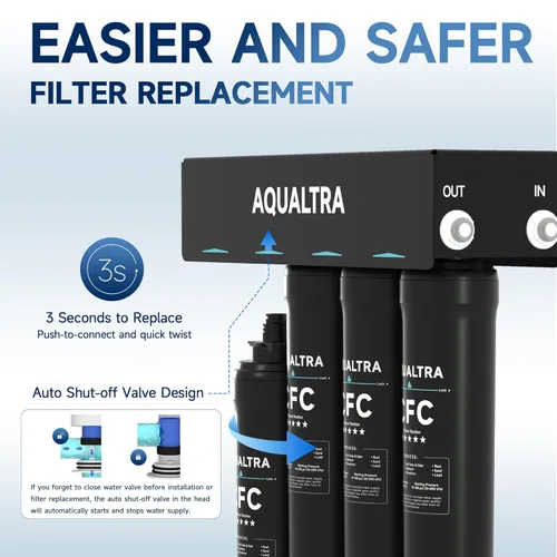 Miniatura 7 de AQUALTRA USF-4B-10 Sistema de filtración de agua debajo del fregadero, comercial 65K Gal, filtro de 0.5 μm que reduce PFOA, PFOS, cloro, plomo
