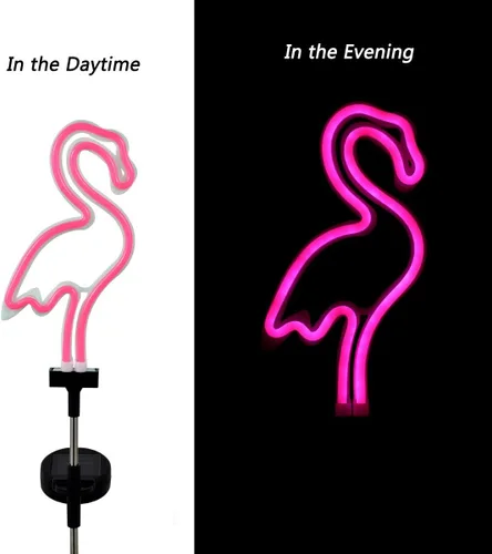 Miniatura 4 de Juego de 2 luces solares de flamenco rosa para jardín, luces solares para caminos para césped, patio, pasarela, iluminación rosa neón