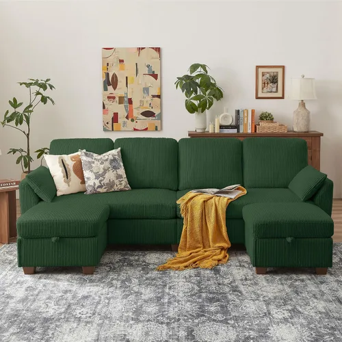 Miniatura 21 de Sofá en forma de U de 102.3 pulgadas con 2 otomanas móviles y 1 mesa auxiliar, se convierte en sofá cama, incluye 2 almohadas para reposabrazos