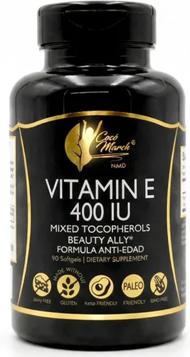 Coco March N.M.D Natural Vitamina E 400 UI Tocoferoles Mixtos - Suplemento de apoyo inmunológico para corazón, piel y ojos - Antioxidantes para