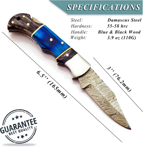 Miniatura 3 de AR Damascus - Cuchillo plegable de bolsillo hecho a mano para supervivencia al aire libre, hecho de mango de madera y acero de Damasco, junto