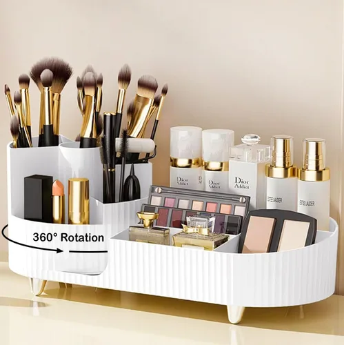 Miniatura 12 de COMFYROOM Organizador de maquillaje para tocador con soporte para brochas, organizador de maquillaje cosmético de 3 capas, organizador de maquillaje