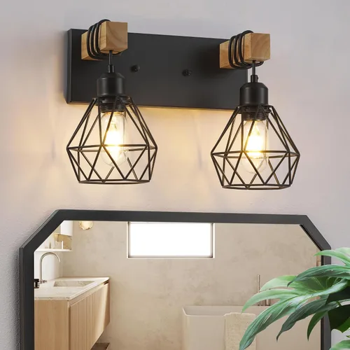 Miniatura 16 de Lámparas blancas para tocador de baño, luminarias de baño de madera de 2 luces sobre el espejo, apliques rústicos de pared con elegante pantalla