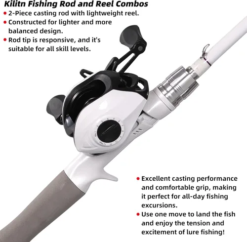 Miniatura 2 de Kilitn Combo de Caña de Pescar y Carrete, Combo de Lanzamiento de Cebo de Color Blanco con Carrete Baitcast, Caña Baitcaster de 2 Piezas, Fibra