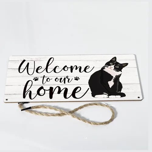 Miniatura 5 de KongMoTree Letrero divertido de madera de bienvenida con gato para puerta delantera, bienvenida a nuestro hogar, porche, rústico, hogar, oficina