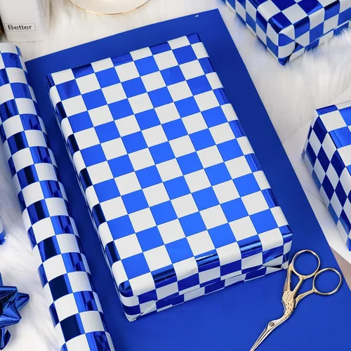 Miniatura 2 de MAYPLUSS Rollo de Papel de Regalo, Papel de Regalo con Bandera a Cuadros Azul y Blanco, Papel de Regalo Reversible para Patinadores y Carreras