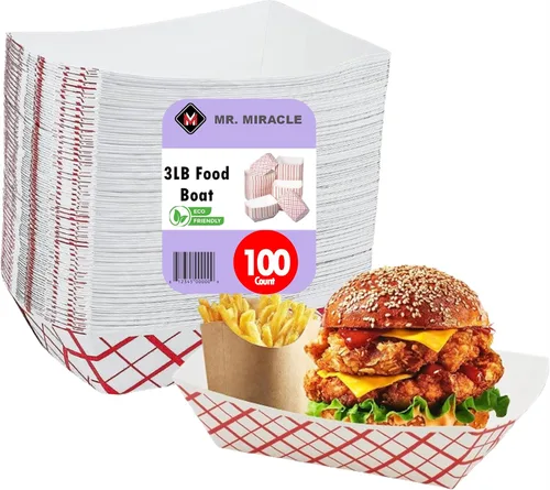 Miniatura 10 de Botes medianos de papel para alimentos, bandejas de papel a cuadros rojos y blancos. Mediano (1 libra). Paquete de 100, botes desechables