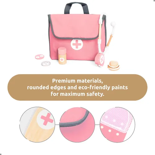 Miniatura 2 de UMU® Mini kit médico de madera para niños – 14 piezas de juego médico para niños pequeños con estetoscopio, jeringa, bolsa de médico, manguito