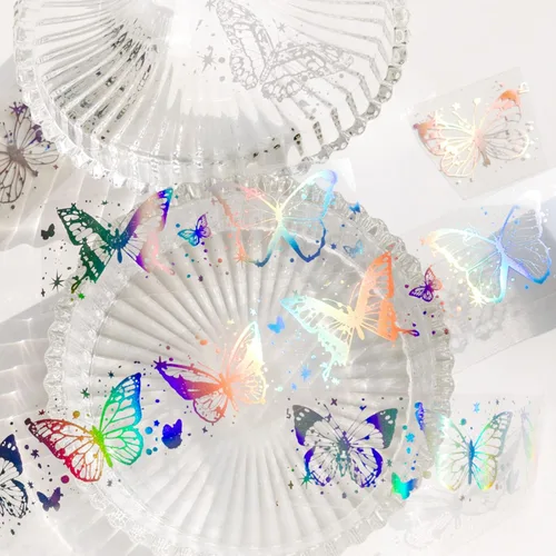 Miniatura 4 de 4 rollos de cinta holográfica vintage holográfica de mariposa astronomía PET adhesivos de resina impermeables transparentes brillantes