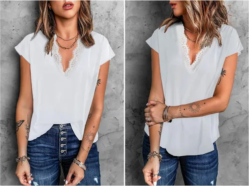 Miniatura 4 de lime flare Blusa elegante con ribete de encaje, camisa de manga corta popular