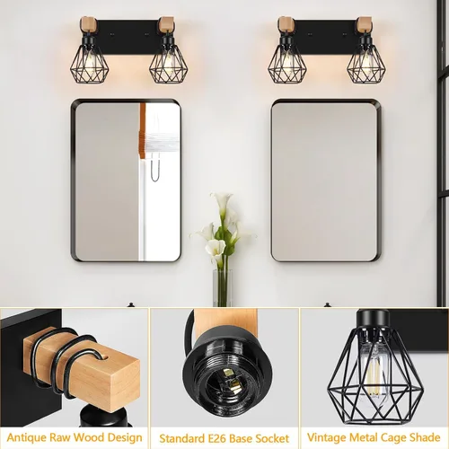 Miniatura 4 de FadimiKoo Aplique de pared de baño de madera de estilo rústico de 2 luces, accesorio de iluminación de tocador de granja para baño, lámpara de pared