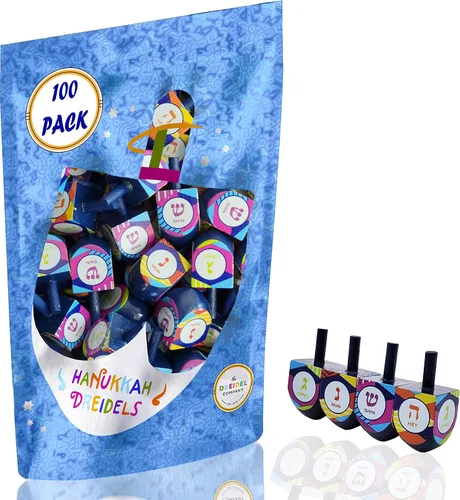 The Dreidel Company 100 Dreidels de madera multicolor pintados a mano, El juego de Janucá incluye 3 instrucciones del juego Dreidel, ¡Jugamos