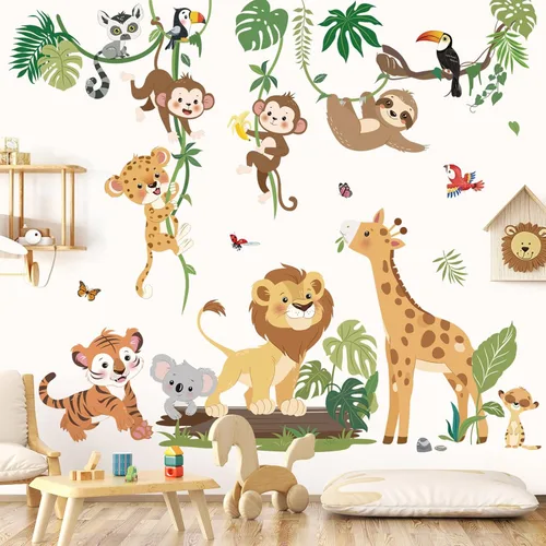Miniatura 8 de decalmile Pegatinas de pared de animales de la selva en columpios, animales de safari, elefante, jirafa, mono, hojas tropicales, calcomanías