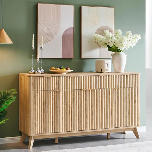 T4TREAM - Gabinete grande de aparador con almacenamiento, mesa de buffet moderna estriada de 60" para barra de café, vino, gabinete de Roble natural