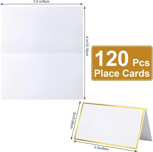 Miniatura 3 de 120 piezas de tarjetas de lugar, tarjeta de asiento de 2x3.5 pulgadas en blanco rellenable para banquete con marco de lámina dorada para mesa