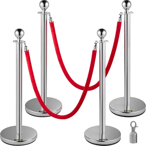 Miniatura 10 de VEVOR Cuerdas y postes de terciopelo, 8 piezas, cuerda de terciopelo rojo de 5 pies, poste de puntal con parte superior de bola, barreras de control